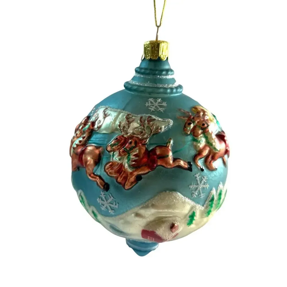 Santa’s Best 2002 Santa Sleigh Reindeer Glass Christmas Ornament 5.5”